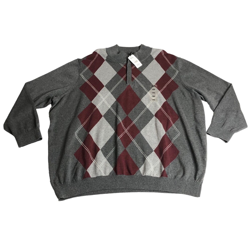 Oak Hill Sweater Mens 1XL Gray Argyle Mock Neck 1/4 Zip Pullover Preppy Golf NWT